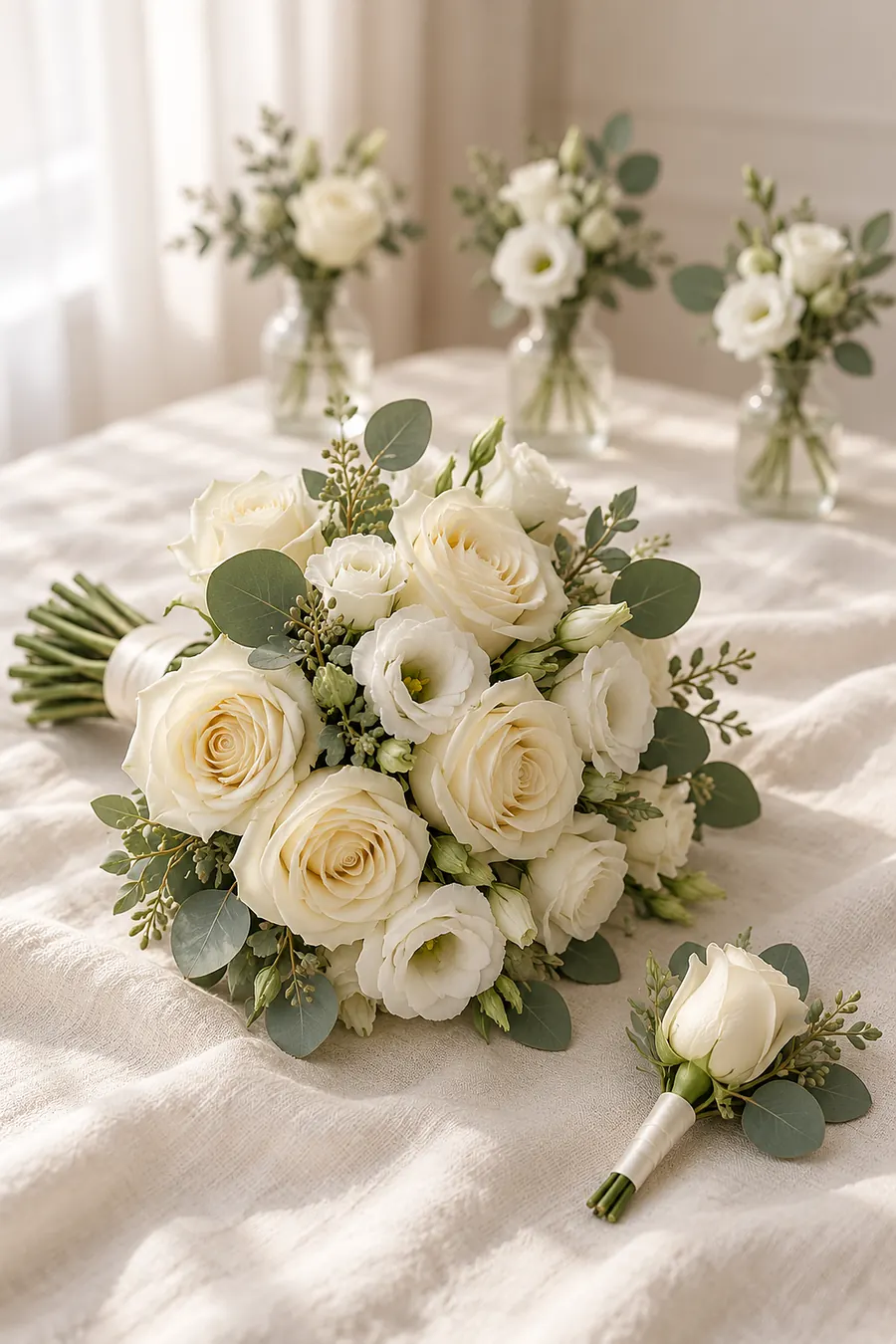 Runder Brautstrauß aus hellen Rosen und Eustoma, daneben ein Anstecker und kleine Tischsträuße (Illustration)