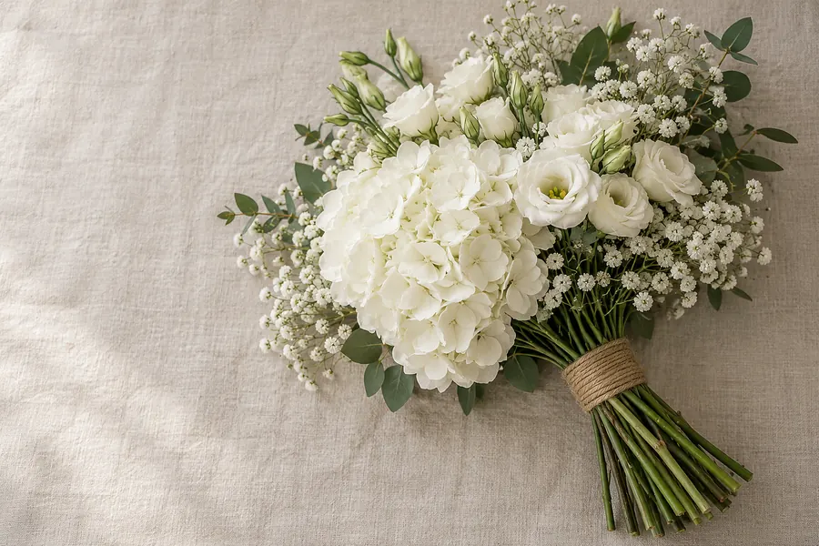 Gebundener Strauß aus weißer Hortensie, Eustoma und Schleierkraut, mit Jutekordel gebunden (Illustration)