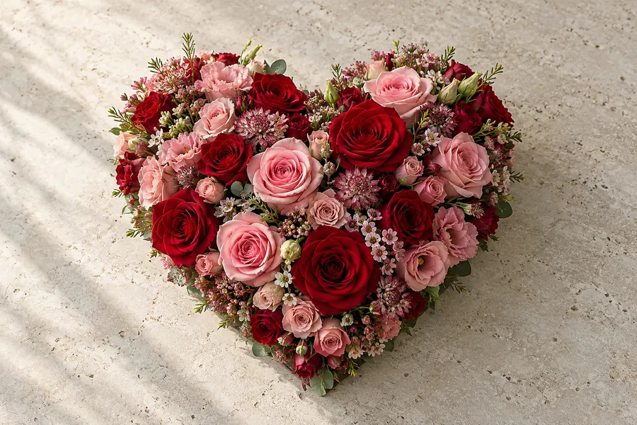 Gesteck in Herzform aus roten und rosa Rosen (Illustration)