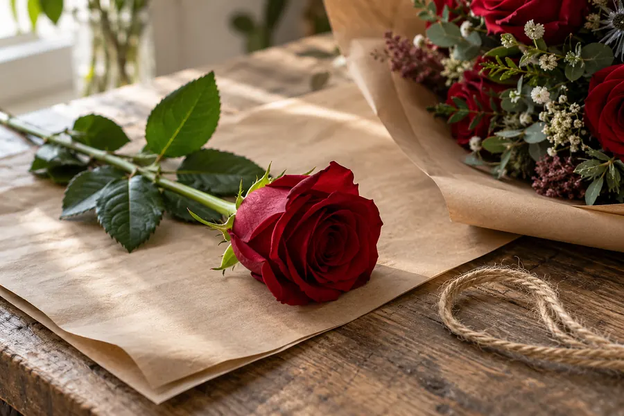Eine einzelne rote Rose auf Packpapier neben einem eingeschlagenen Strauß (Illustration)