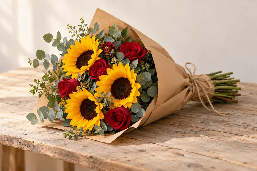 Strauß aus Sonnenblumen, Eukalyptus und roten Rosen in Packpapier (Illustration)